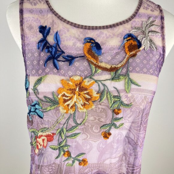 $398 NWOT JOHNNY WAS SILVANA Embroidered Floral MESH MIDI DRESS Size S Purple - Picture 10 of 15